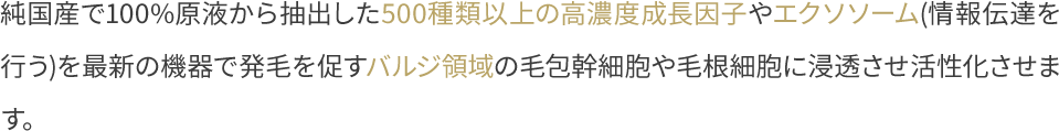 純国産で100%原液から抽出した500種類以上の高濃度成長因子やエクソソーム(情報伝達を行う)を最新の機器で発毛を促すバルジ領域の毛包幹細胞や毛根細胞に浸透させ活性化させます。