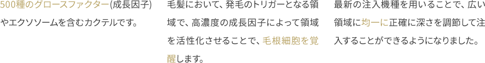 500種のグロースファクター(成長因子)やエクソソームを含むカクテルです。 毛髪において、発毛のトリガーとなる領域で、高濃度の成長因子によって領域を活性化させることで、毛根細胞を覚醒します。 最新の注入機種を用いることで、広い領域に均一に正確に深さを調節して注入することができるようになりました。