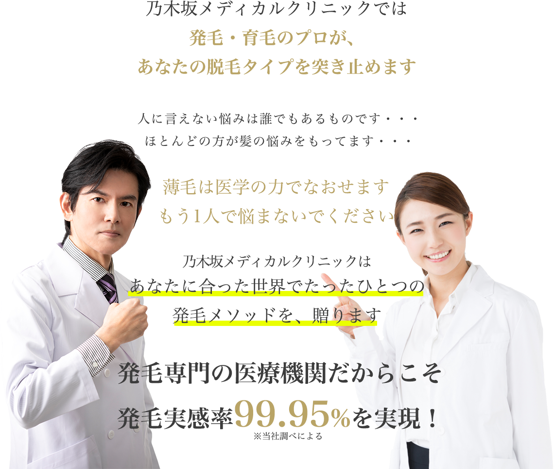 乃木坂メディカルクリニックでは発毛・育毛のプロが、あなたの脱毛タイプを突き止めます 人に言えない悩みは誰でもあるものです・・・ほとんどの方が髪の悩みをもってます・・・薄毛は医学の力でなおせます もう1人で悩まないでください 乃木坂メディカルクリニックはあなたに合った世界でたったひとつの発毛メソッドを、贈ります 発毛専門の医療機関だからこそ発毛実感率99.95%を実現！※当社調べによる